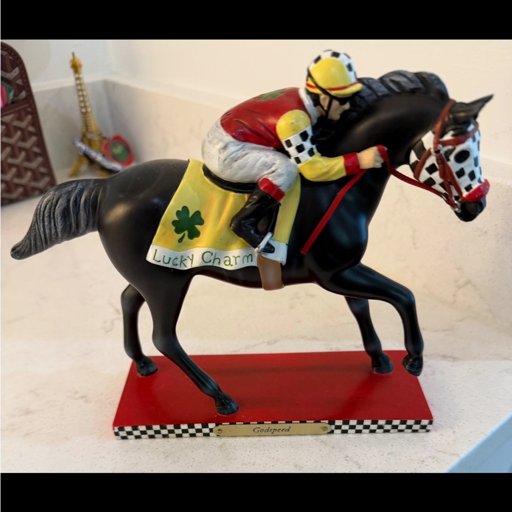 Black Racing Horse Figurine with Jockey and Yellow Saddle